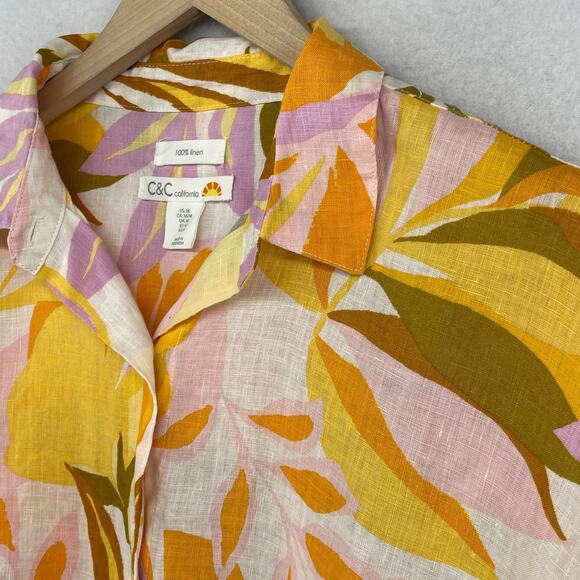 C&C CALIFORNIA Top M 100% Linen Tropical Leaf Camp Shirt Button Front Yellow - Picture 6 of 13